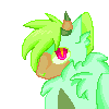 Pixel art of a mint green fluffy cat with hair that covers half her face and small curved horns.